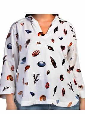 Jane and Delancey Cream Shell-Print V-Neck Blouse